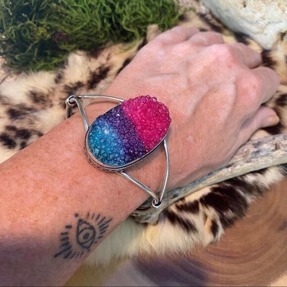 Titanium Druzy Gemstone Sterling Silver Cuff Boho Bracelet - Picture 7 of 7
